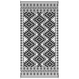 Reversible Outdoor Rug, Waterproof Plastic Straw with Carry Bag, 9' x 18', Black & White Rhombus Border