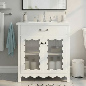 30 Inches Bathroom Vanity With Tempered Glass, Modern Bathroom Cabinet With Rubber Wood Legs And Soft Close Doors, White