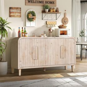 59Farmhouse Curved Vintage Storage Sideboard With Large Wooden Handles, Vertical Wood Grain Carving And Adjustable Shelves For Kitchen,Dining Room Nat