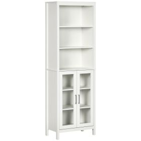 Tall Bathroom Storage Cabinet with 3 Tier Shelf, Glass Door Cabinet, Freestanding Linen Tower with Adjustable Shelves, Antique White