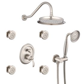 Single-Handle 4-Spray Patterns Bathroom Rain Shower Faucet With Body Jet Handshower In Brushed Nickel  Valve Included