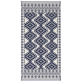 Reversible Outdoor Rug, Waterproof Plastic Straw With Carry Bag, 9 X 18, Blue & White Rhombus Border