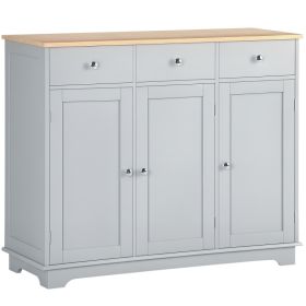 Kitchen Storage Cabinet, Sideboard Floor Cupboard with Solid Wood Top, Adjustable Shelf, and 3 Drawers, Gray