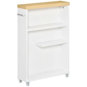 Slim Bathroom Cabinet with Castor Wheels Storage Organizer and Wood Shelves To Fit In Small Spaces, White