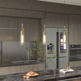 Gold Pendant Light Fixtures, 3 Pack Modern Pendant Lighting With Clear Striped Glass Shade, Hanging Pendant Lights Kitchen Island, Farmhouse Pendant L