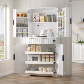 72  Fluted Kitchen Pantry Cabinet With 3 Keyboard Drawers & 6 Door Shelves Adjustable, Freestanding Cupboard Storage Cabinet For Bathroom, Diningroom,