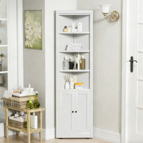 71in White Corner Storage Cabinet W 2 Doors, 5-Tier Metal Shelving Unit For Kitchen Pantry Living Room Bathroom Laundry