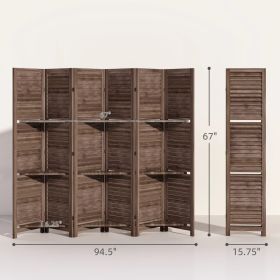 6 Panel Tall Wood Privacy Screen Room Divider With 3 Shelves And Folding Storage For Bedroom, Walnut