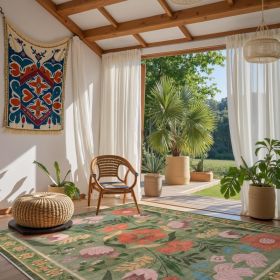 Washable  Green Floral Area Rug 5x7,Colorful Cottagecore Nursery Rug, Soft Boho Flower Carpet For Girls Living Room Playroom Dorm Apartment Decor 5x7f