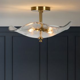 16.5inch Glass Semi Flush Mount Ceiling Light Fixture, 2-Lights Close To Ceiling Light, Modern Gold Ceiling Light Fixture For Bedroom Bathroom Hallway