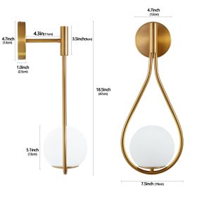 19IN  Set Of 2 Modern Golden Wall Sconces With Opal Glass Globe, Mid-Century Design, Luxury Wall Lights For Bedroom, Living Room, Hallway -No Bulb