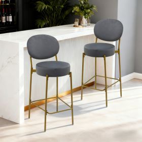Set Of 2 Velvet Upholstered Bar Stools Round Counter Stool With Backrest & Footrest Dining Chairs For Kitchen Island  Gray