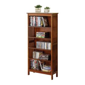 5 Tier Wooden Media Shelf with Slatted Side Panels, Oak Brown