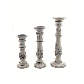 Taki Distressed Mango Wood Pillar Shaped Candle holder, Set of 3, White