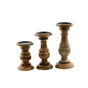 Taki Pillar Shaped Wooden Candle Holder, Set of 3, Brown