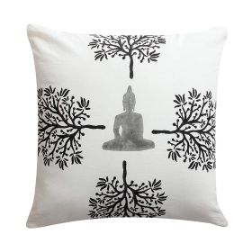 18 x 18 Square Cotton Accent Throw Pillow, Meditating Buddha, Tree Print, Set of 2, White, Black