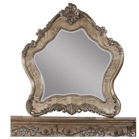 Wooden Mirror with Scrollwork Crown and Trim Details, Brown and Silver