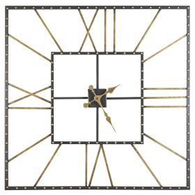 Square Open Frame Metal Wall Clock with Roman Numerals, Black and Gold