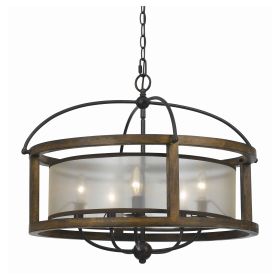 5 Bulb Round Chandelier with Wooden Frame and Organza Striped Shade, Brown