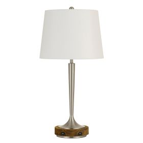 150W Metal Table Lamp with Oval Shade and 2 USB Outlets, White and Silver