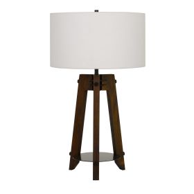 Drum Shade Table Lamp with Wooden Tripod Base, White and Brown
