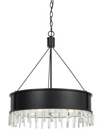 4 Bulb Round Metal Body Chandelier with Hanging Crystal Accents, Black