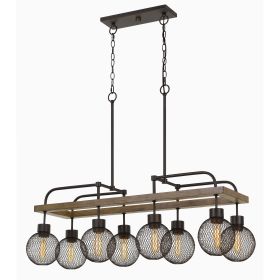8 Bulb Chandelier with Wooden Frame and Metal Orb Shades, Brown and Black