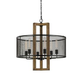 60 X 6 Wooden Chandelier with Round Metal Mesh Shade, Black and Brown