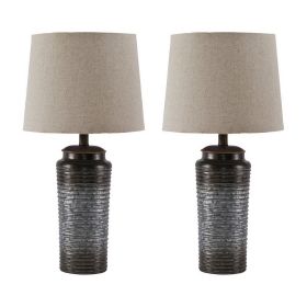 Ribbed Design Metal Body Table Lamp with Tapered Fabric Shade,Set of 2,Gray
