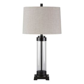 Glass and Metal Frame Table Lamp with Fabric Shade, Gray and Black