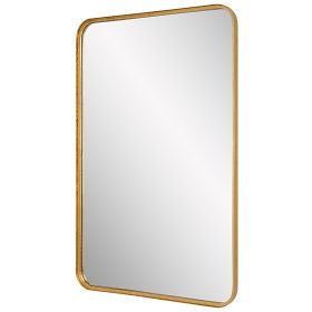 38 Inch Wood Wall Mirror, Metal Frame, Rounded Corners, Gold