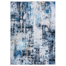 Rue 10 x 8 Large Soft Fabric Floor Area Rug, Washable, Abstract Blue and White Design