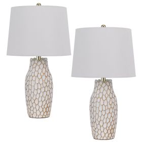 23 Inch Set of 2 Ceramic Accent Table Lamp, Hammered Base, White, Gold