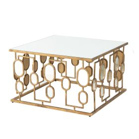 32 Inch Coffee Table, Mirror Top, Geometric Patterns, Iron, Modern, Gold