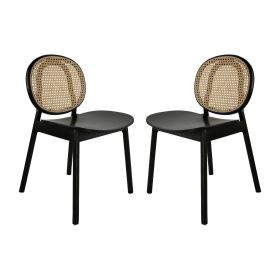 Ada 24 Inch Dining Chair, Cane Rattan Back, Beech Wood, Set of 2, Black