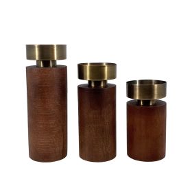 12, 10, 8 Inch Mango Wood Candle Holders with Round Column Pedestals, Brown