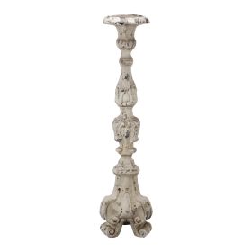 28 Inch Metal Candle Holder, Classical Turned Pedestal, Distressed White