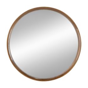 Roe 32 Inch Wall Mounted Round Mirror, Modern Brown Pine Wood Frame