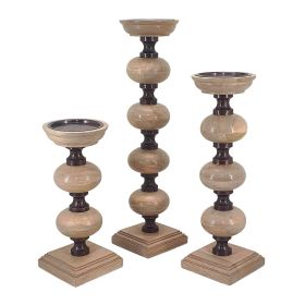 23, 18, 14 Inch Set of 3 Candleholders in Pillar Accent Wood Orbs, Brown