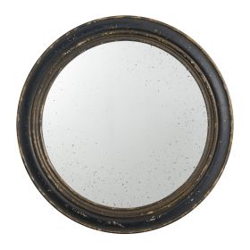 24 Inch Round Wall Mount Mirror, Molded Trim Wood Frame, Distressed Brown