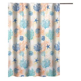 Geo 72 Inch Shower Curtain, White Blue Polyester, Seashells and Ferns Print