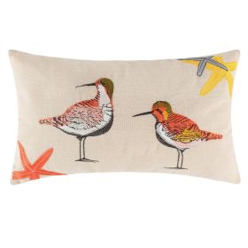 Vira 20 Inch Throw Pillow, Hand Embroidered Shorebirds, Canvas and Linen