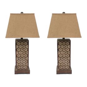 29 Inch Industrial Table Lamp, Linen Shade, Honeycombed Metal Base, Set of 2, Khaki