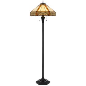 Eli 60 Inch Floor Lamp, Hexagonal Tiffany Style Shade, Dual Light, Bronze