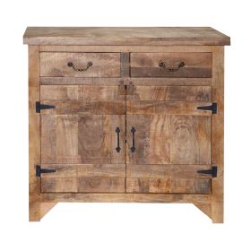 39 Inch Artisanal Farmhouse Style 2 Drawer Mango Wood Cabinet Console with 2 Door Storage, Rustic Brown