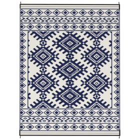 Reversible Outdoor Rug, Waterproof Plastic Straw With Carry Bag, 9 X 12, Blue  White Rhombus Border