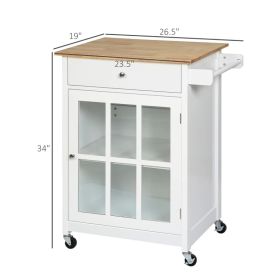Rolling Kitchen Island Cart With Drawer And Glass Door Cabinet, Kitchen Trolley With Adjustable Shelf And Towel Rack, White