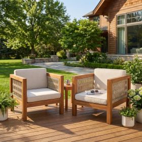 Outdoor Club Chair Set Of 2, Acacia Wood Frame With Beige Rope Arm And Beige Cushions,400 Lbs Capacity