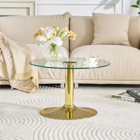 27.5-inch Diameter Round Tempered Glass Coffee Table. 17.7 Inches High, Supported By A Golden Metal Base, With A Light Luxury Edge.