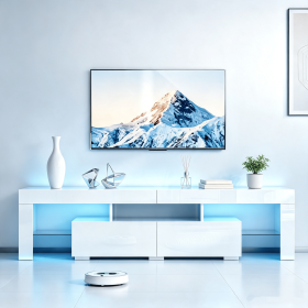 White High Gloss TV Stand with RGB LED Lights, MDF Entertainment Center with 2 Drawers & Tempered Glass Shelves